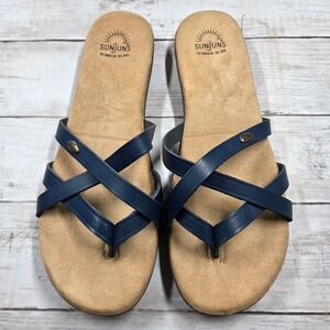 G.H. Bass Sandals Women 11M Navy Blue Sunjuns Sharon II Leather Strappy Thong